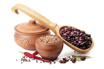 clay pot, wooden spoon, lentils, beans and spices