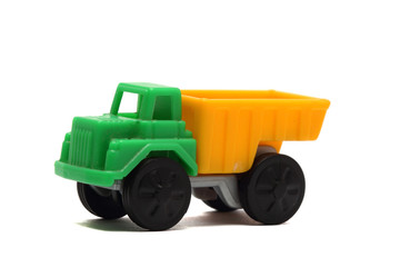 colorful toy truck on a white background close up