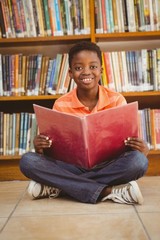 Cute boy reading book in library