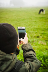 Child with smartphone taking picture of a cow