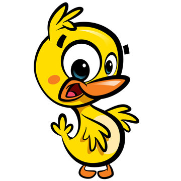 Cartoon cute little smiling baby duck character with black outli