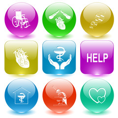 invalid chair, heart protect, dna, pharma symbol in hands, help,