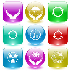 human hands, weather in hands, recycling bin, radiation symbol,