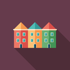 Fototapeta premium Colorful townhouses flat square icon with long shadows.