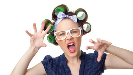 Young woman with curlers