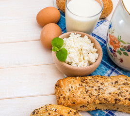 Breakfast of cheese, milk, bread and eggs