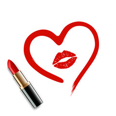 Obraz premium heart drawn in lipstick and lip imprint