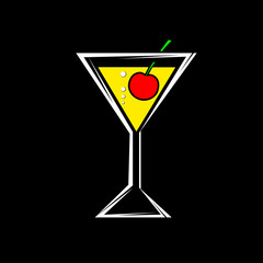 a glass with a cocktail and cherry isolated on a black backgroun