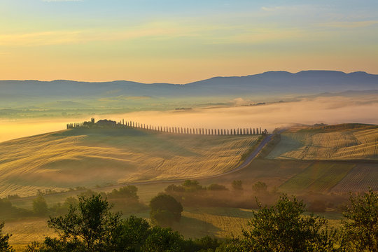 Landscape in Tuscany at sunset in summer