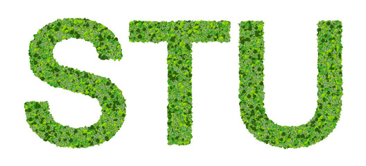 S T U alphabet letters made from green leaves isolated on white.