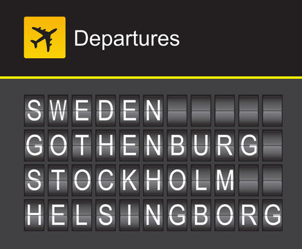 Sweden flip alphabet airport departures, Sweden