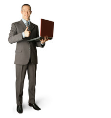 Full length portrait of businessman with laptop