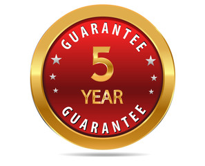 5 year guarantee golden red button, badge,sign