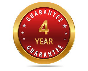 4 year guarantee golden red button, badge,sign