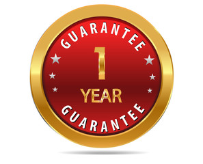 1 year guarantee golden red button, badge,sign