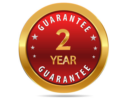 2 year guarantee golden red button, badge,sign