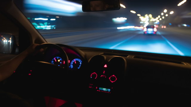 Night car driving time lapse, wide angle, slider shot, inside