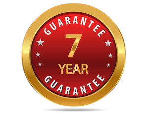 7 year guarantee golden red button, badge,sign