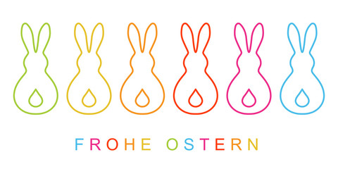 Bunte, dünne Konturen von 6 bunte Hasen von hinten, Flat Design