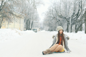 portrait of young girl winter snow outside