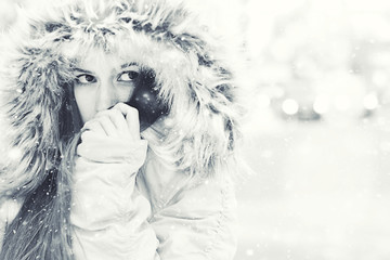 black and white portrait of a young girl snow cold monochrome