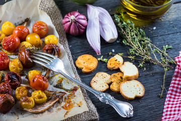 Helthy clean eating,roasted tomato with herbs from above
