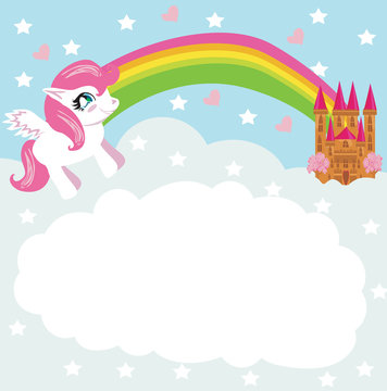 Card With A Cute Unicorn Rainbow And Fairy-tale Princess Castle