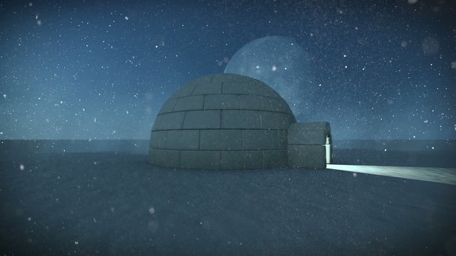 Igloo isolated in the snow at night with full moon background