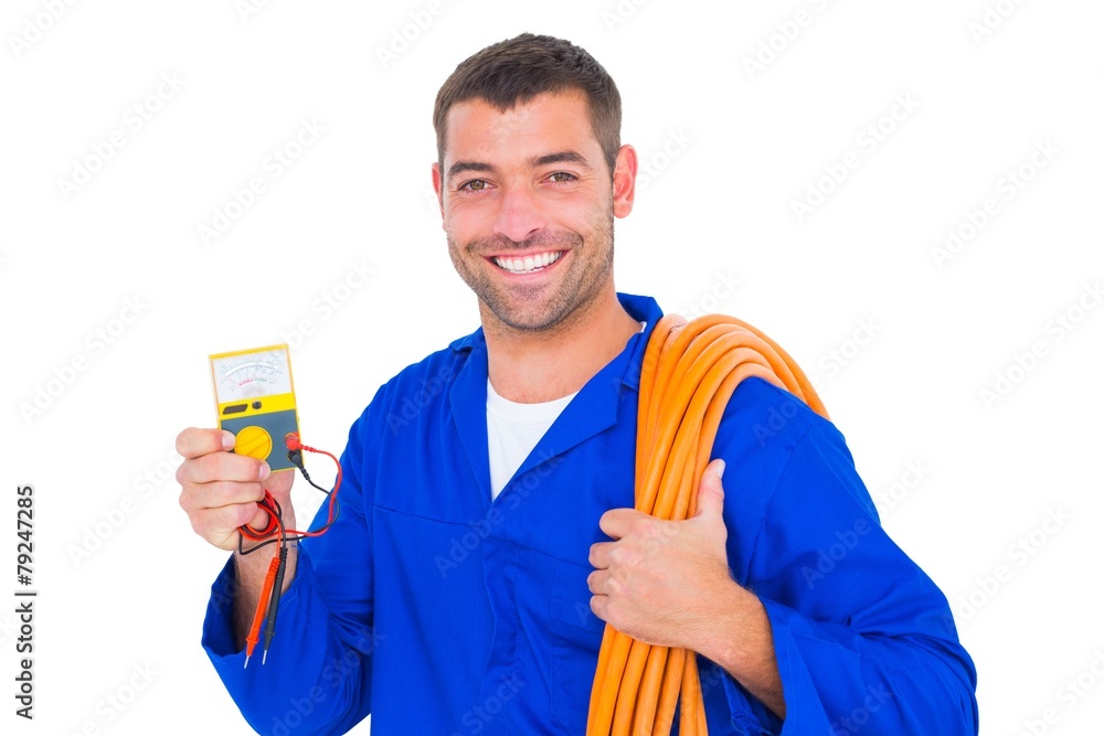 Poster Smiling electrician with rolled wire and multimeter