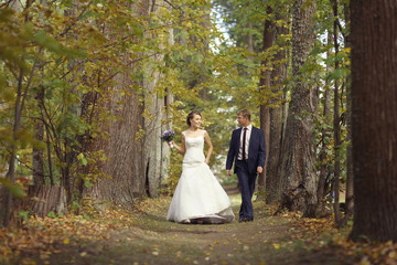 bride and groom in autumn park Love Life
