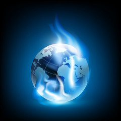 Planet earth and blue flames