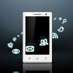 Multimedia icons around the white smartphone