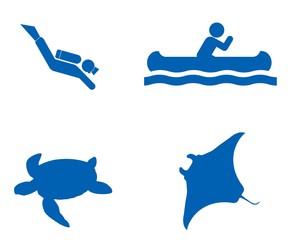 Loisirs nautiques et animaux marins en 4 icônes