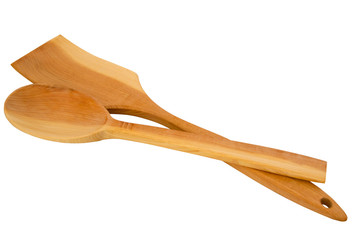 Wooden kitchen shovel and spoon on a white background