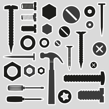 hardware screws and nails with tools stickers eps10