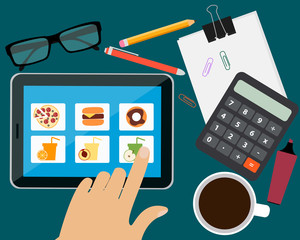 Man ordering food in the office online. Vector illustration