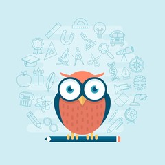 smart owl standing on pencil surrounded by thin line education t