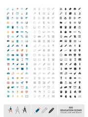 set of 300 education icons made in color, line and black, vector