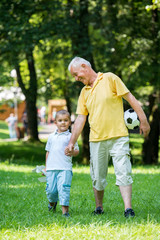 Fototapeta premium grandfather and child have fun in park