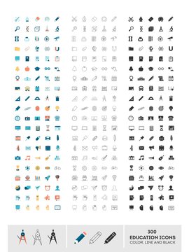 set of 300 education icons made in color, line and black, vector