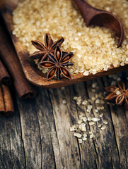 Baking ingredients Cinnamon sticks, star anise and brown sugar.