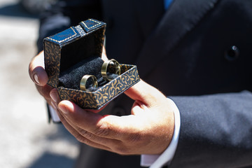 Groom presenting rings