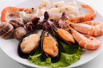 Tasty seafood on plate close-up