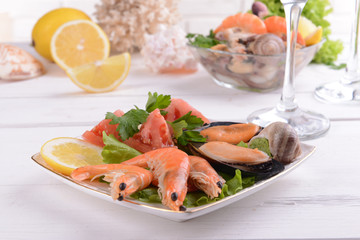 Tasty seafood on plate on table close-up