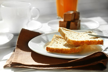Delicious breakfast on windowsill background