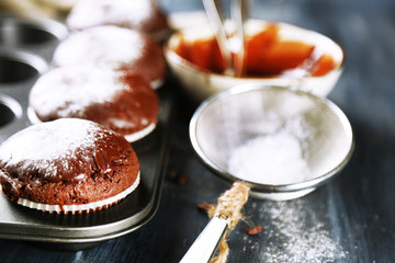 Composition with tasty homemade chocolate muffins