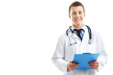 Male Doctor holding clipboard isolated on white