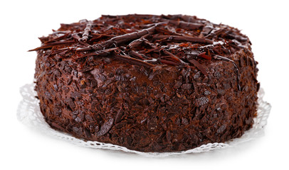 Tasty chocolate cake isolated on white
