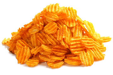Delicious potato chips isolated on white
