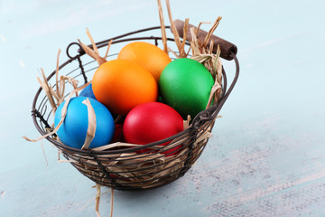 Easter eggs in basket on wooden background